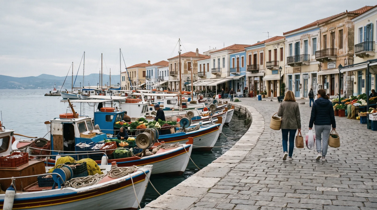 Fishing boats selling produce along the waterfront at Aegina town near Athens, Greece