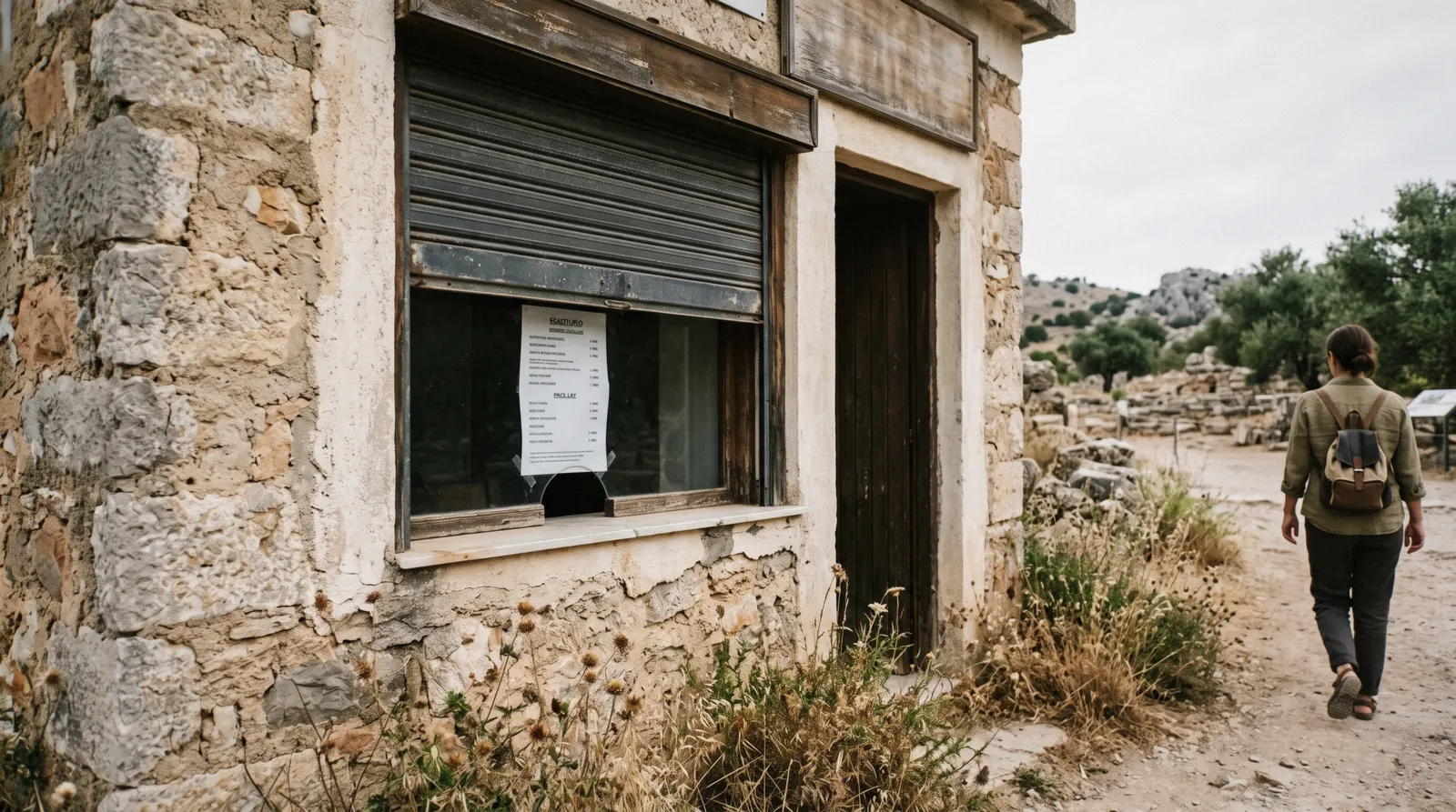 A closed ticket window with a taped price list at a Greek archaeological site, Athens combined ticket