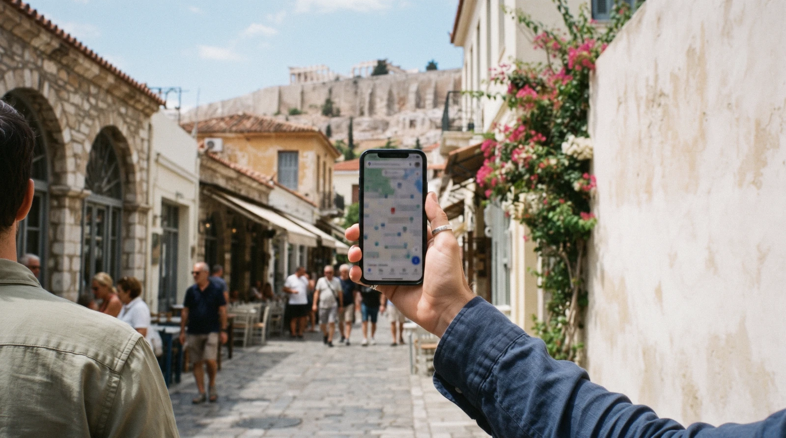 A phone showing a map held up on a Plaka street below the Acropolis, on a page about wifi and mobile data in Athens, Greece