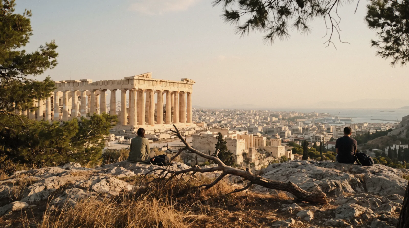 The Parthenon seen from Philopappos Hill at dusk, one of the free things to do in Athens, Greece