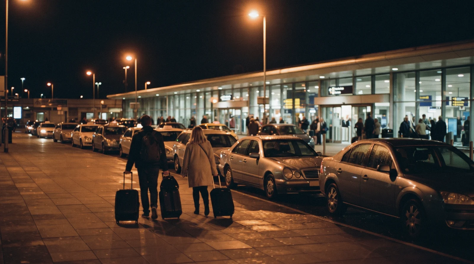 The taxi rank outside Athens airport arrivals at night, Athens airport to city centre, Greece