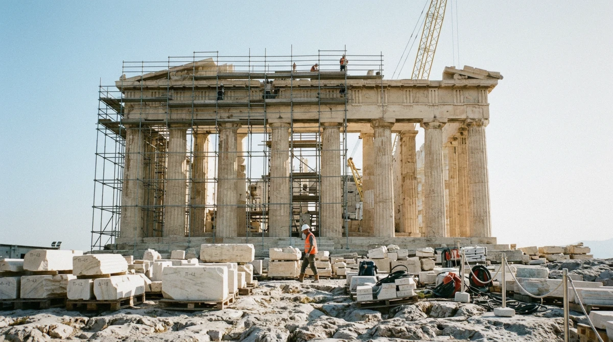 The west front of the Parthenon with restoration scaffolding and a crane against a clear sky, Athens, Greece