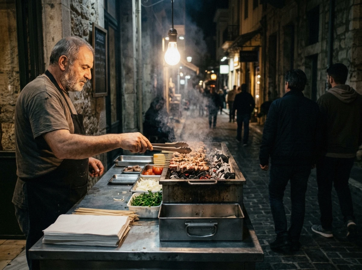 Skewers over charcoal at a souvlaki counter on an Athens side street late in the evening, Greece
