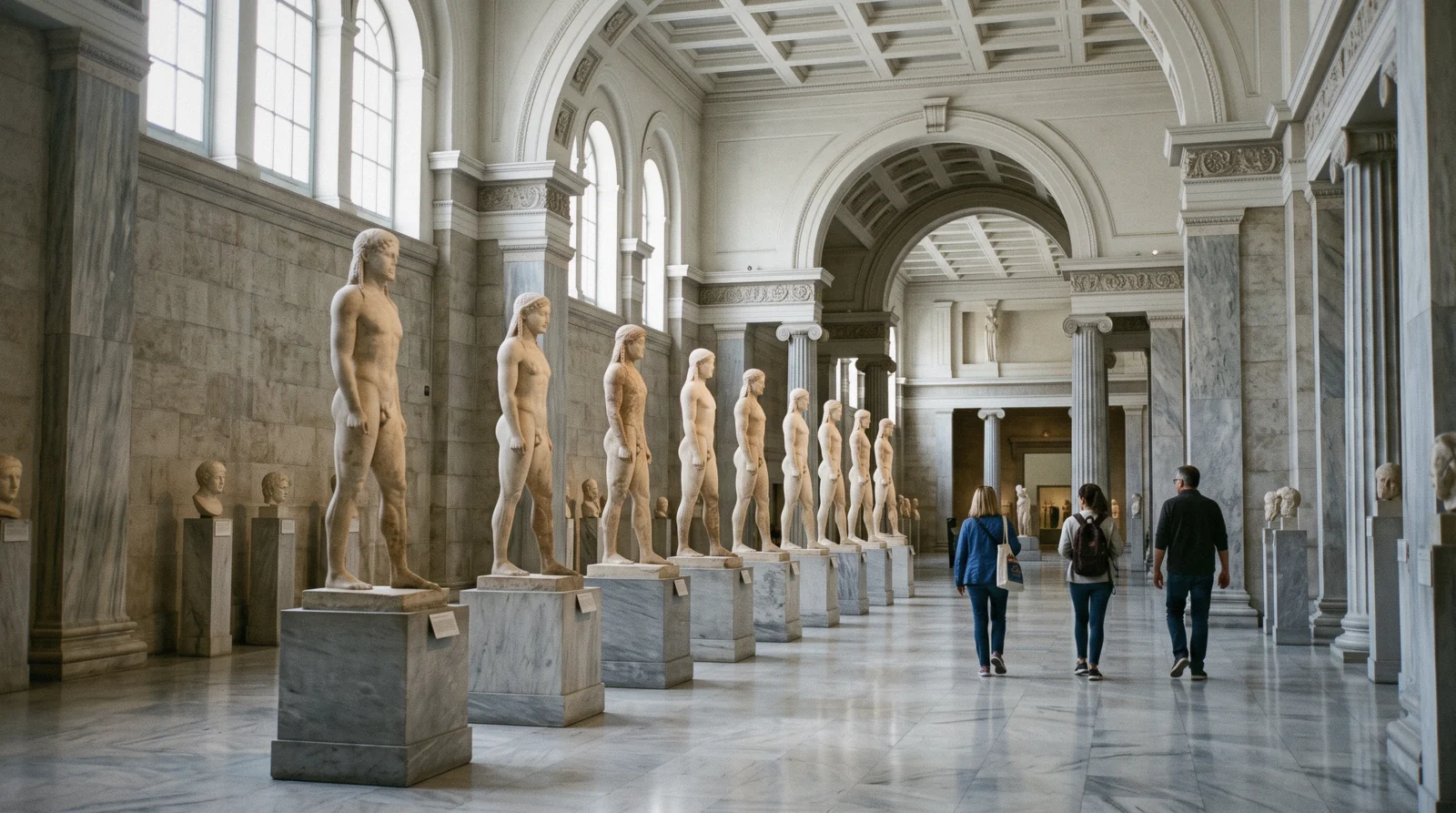 Marble kouroi standing in a tall daylit gallery of the National Archaeological Museum in Athens, Greece