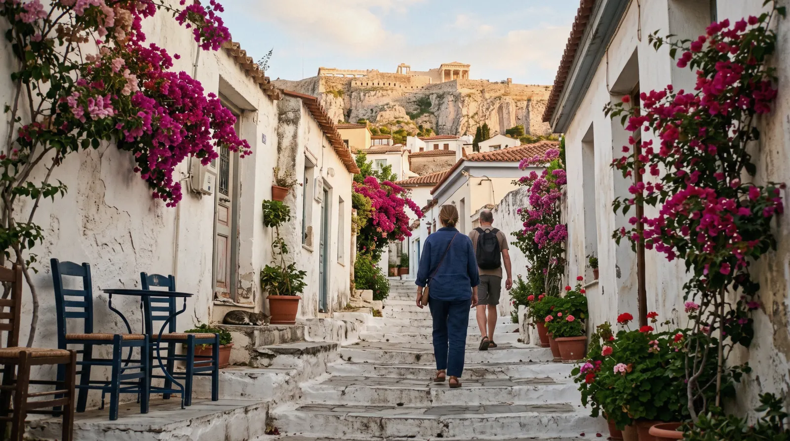 A stepped lane under the Acropolis in the evening, Athens neighbourhoods, Greece