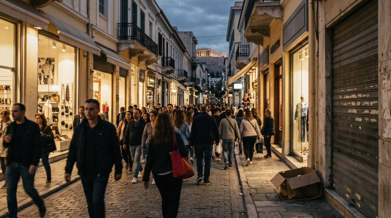 An evening crowd on Ermou street below the Acropolis, on a page about whether Athens is safe for visitors, Greece