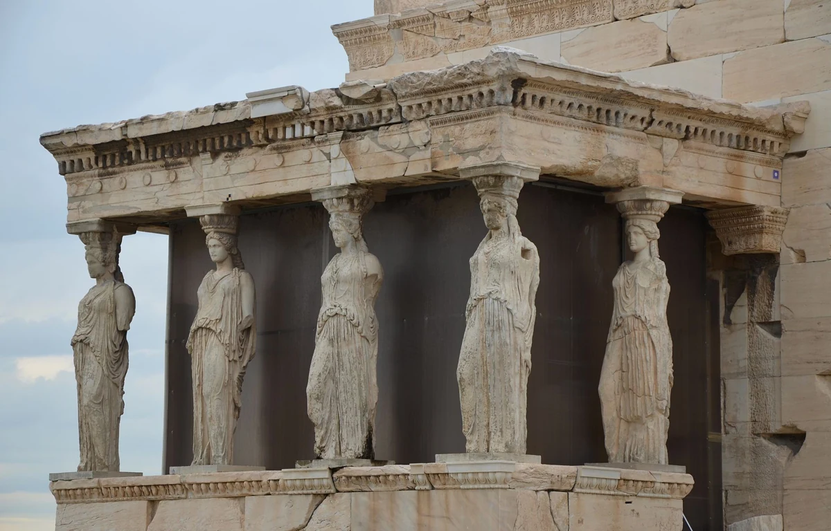 The five copies of the Caryatids on the south porch of the Erechtheion on the Acropolis of Athens, Greece