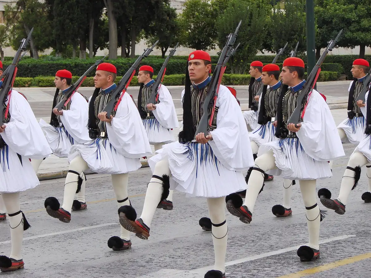 Evzones of the Presidential Guard marching in summer uniform at the changing of the guard in Athens, Greece