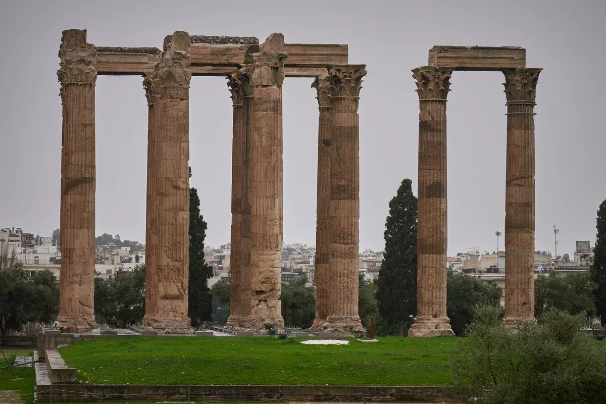 Fifteen standing columns of the Temple of Olympian Zeus in Athens, Greece